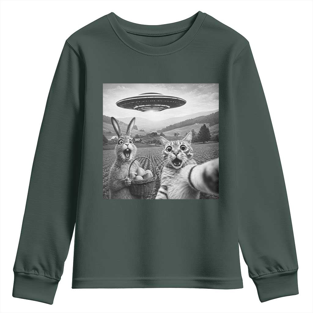 Funny Easter Youth Sweatshirt Christian Cat Selfie Bunny Meme TS14 Dark Forest Green Print Your Wear