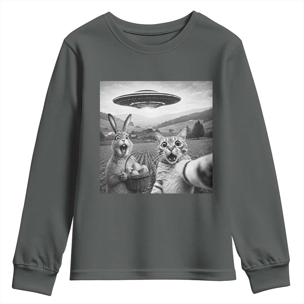 Funny Easter Youth Sweatshirt Christian Cat Selfie Bunny Meme TS14 Dark Heather Print Your Wear