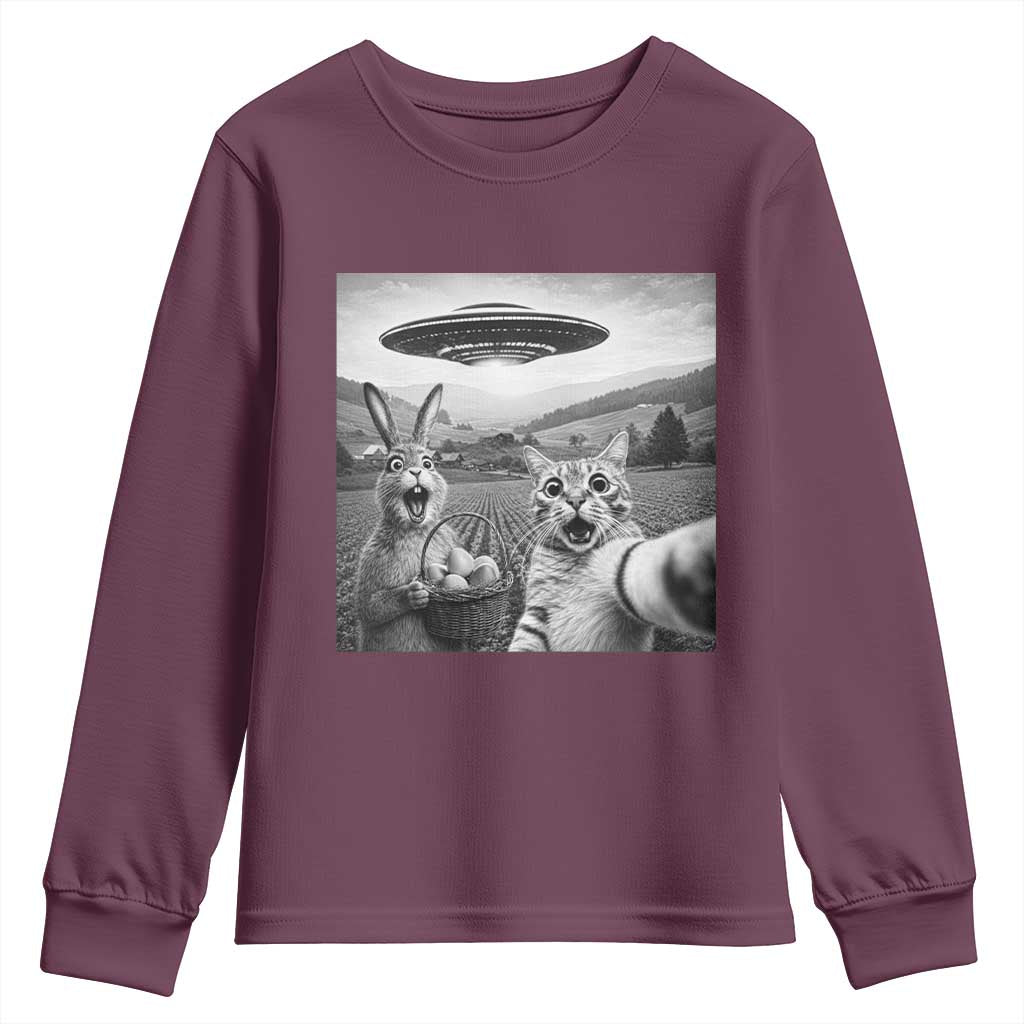 Funny Easter Youth Sweatshirt Christian Cat Selfie Bunny Meme TS14 Maroon Print Your Wear