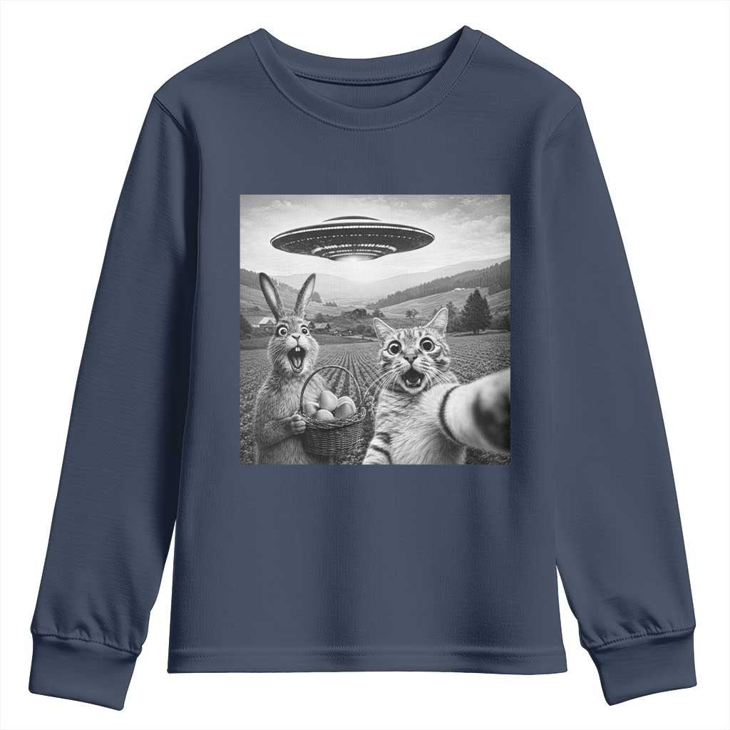 Funny Easter Youth Sweatshirt Christian Cat Selfie Bunny Meme TS14 Navy Print Your Wear