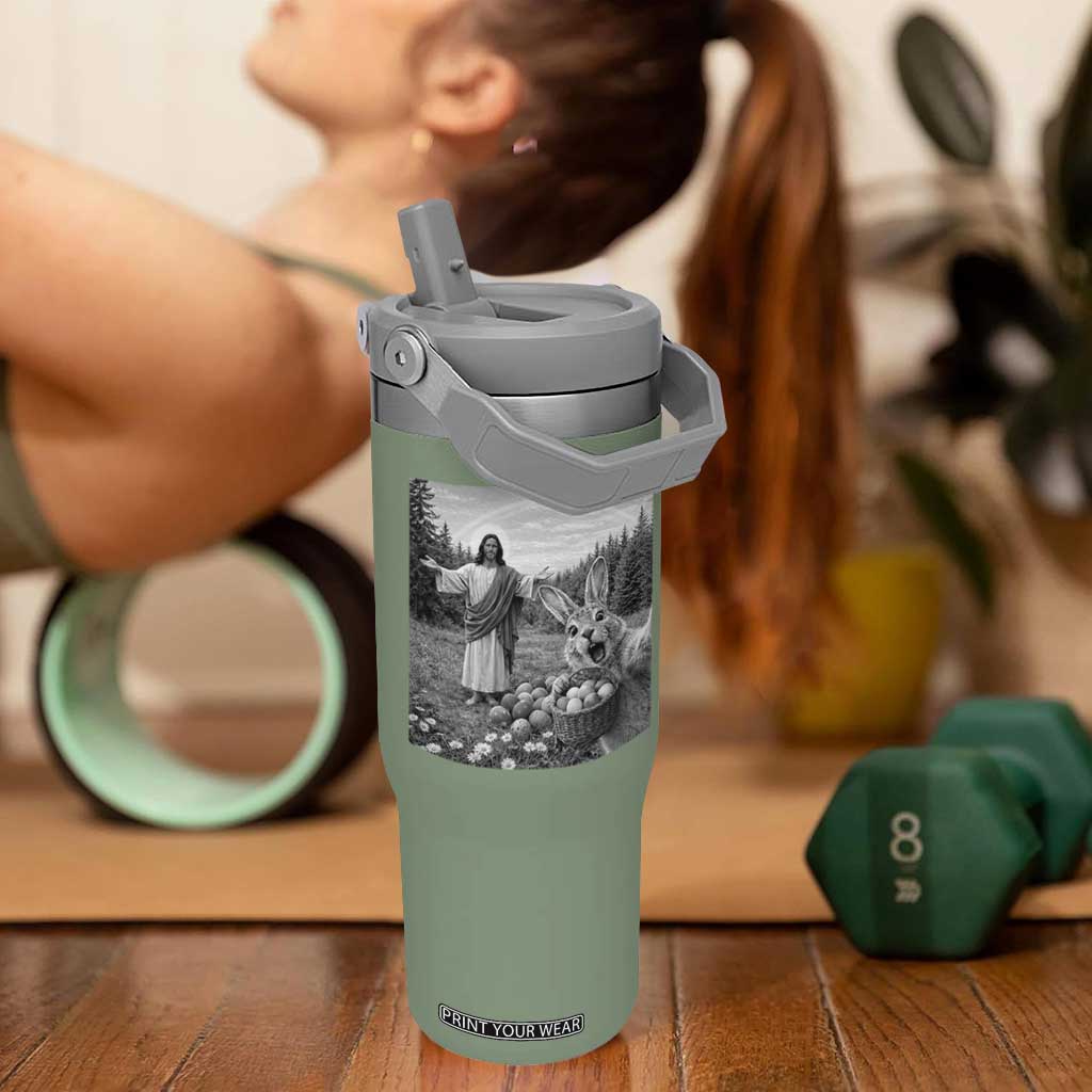 Funny Easter Jesus Flip Straw Tumbler Christian Jesus Bunny Selfie Religious TS14 One Size: 30 oz Moss Green Print Your Wear