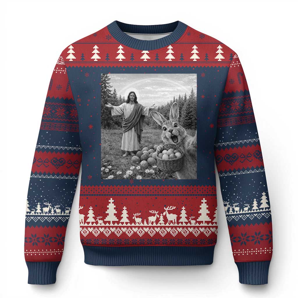 Funny Easter Jesus Ugly Christmas Sweater Christian Jesus Bunny Selfie Religious TS14 Navy Red Print Your Wear