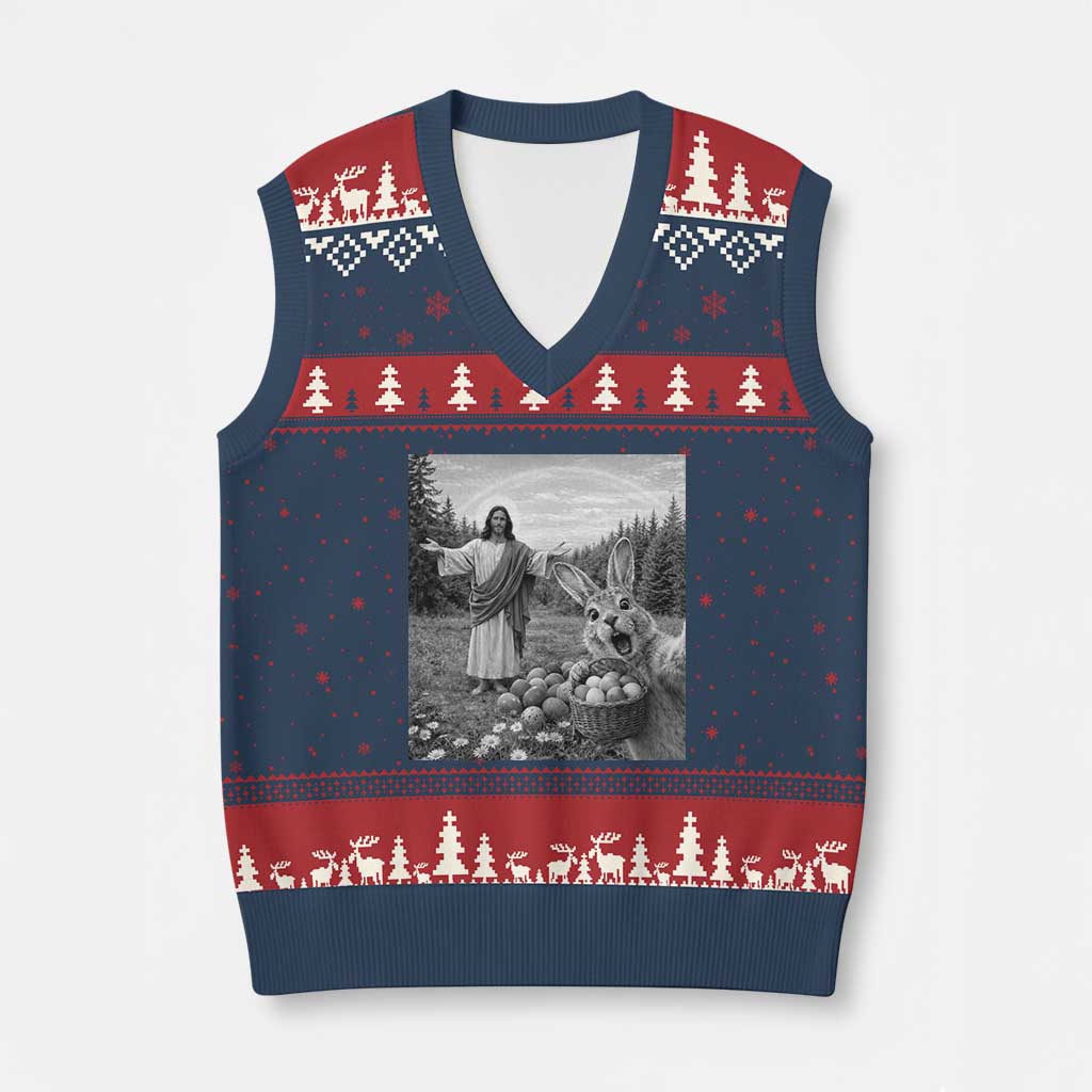 Funny Easter Jesus V-Neck Knit Sweater Vest Christian Jesus Bunny Selfie Religious TS14 Navy Red Print Your Wear