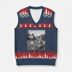 Funny Easter Jesus V-Neck Knit Sweater Vest Christian Jesus Bunny Selfie Religious TS14 Navy Red Print Your Wear