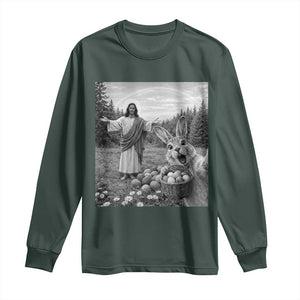 Funny Easter Jesus Long Sleeve Shirt Christian Jesus Bunny Selfie Religious TS14 Dark Forest Green Print Your Wear