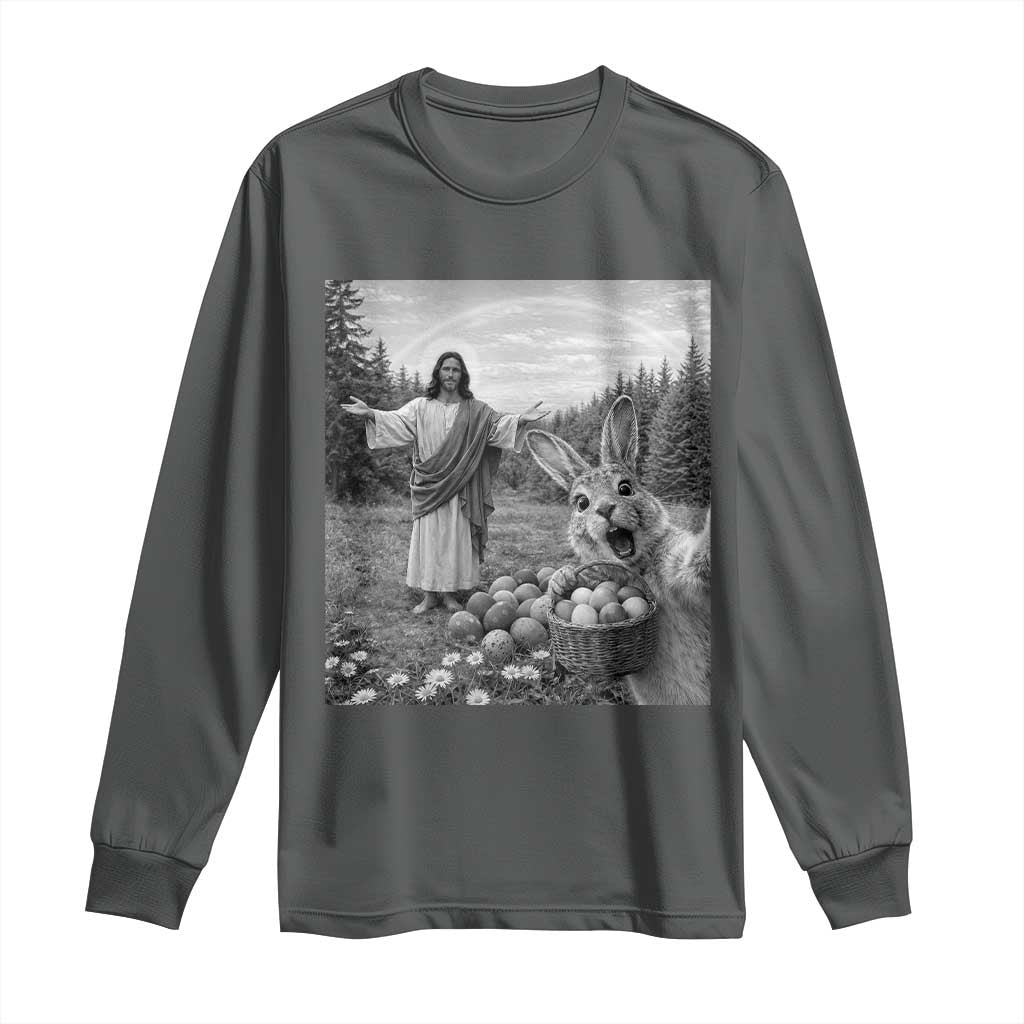 Funny Easter Jesus Long Sleeve Shirt Christian Jesus Bunny Selfie Religious TS14 Dark Heather Print Your Wear