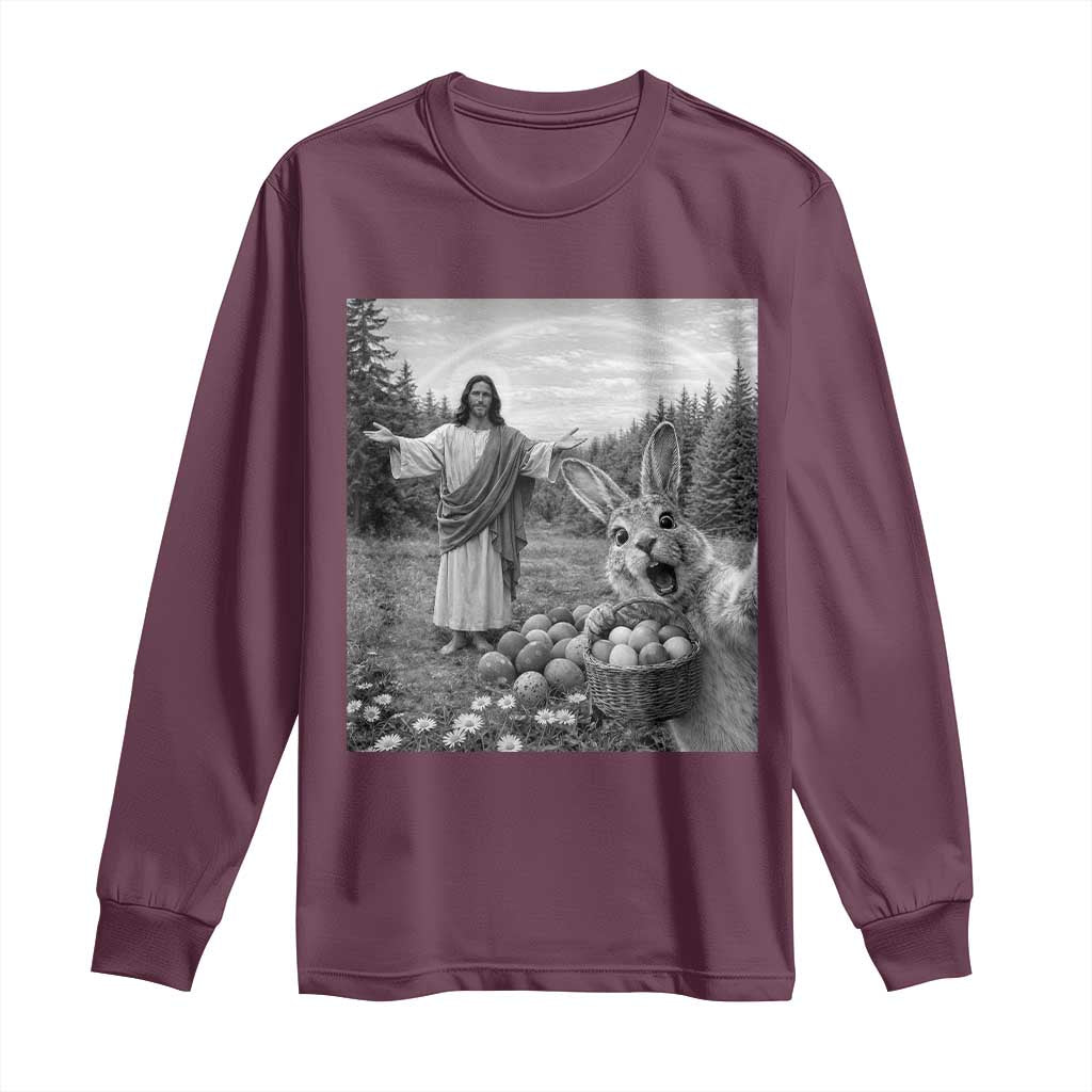 Funny Easter Jesus Long Sleeve Shirt Christian Jesus Bunny Selfie Religious TS14 Maroon Print Your Wear