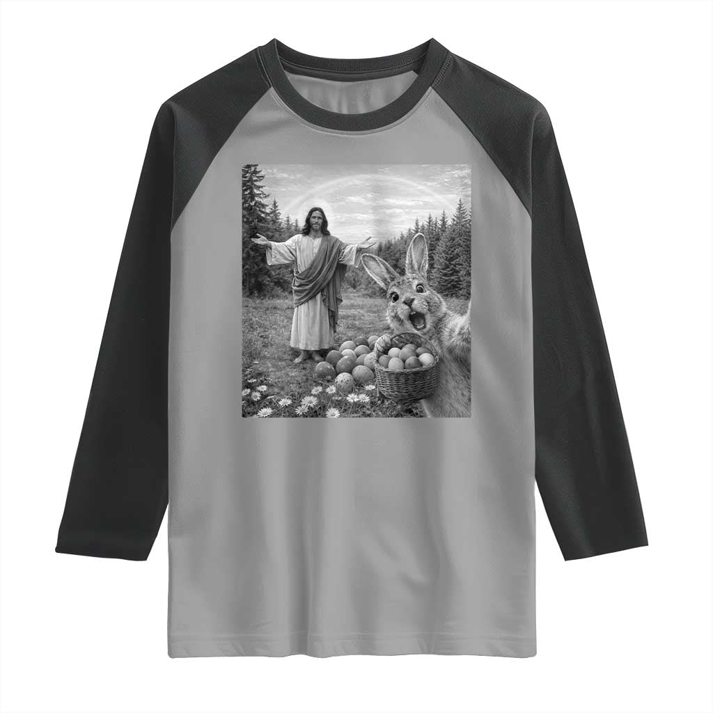 Funny Easter Jesus Raglan Shirt Christian Jesus Bunny Selfie Religious TS14 Sport Gray Black Print Your Wear