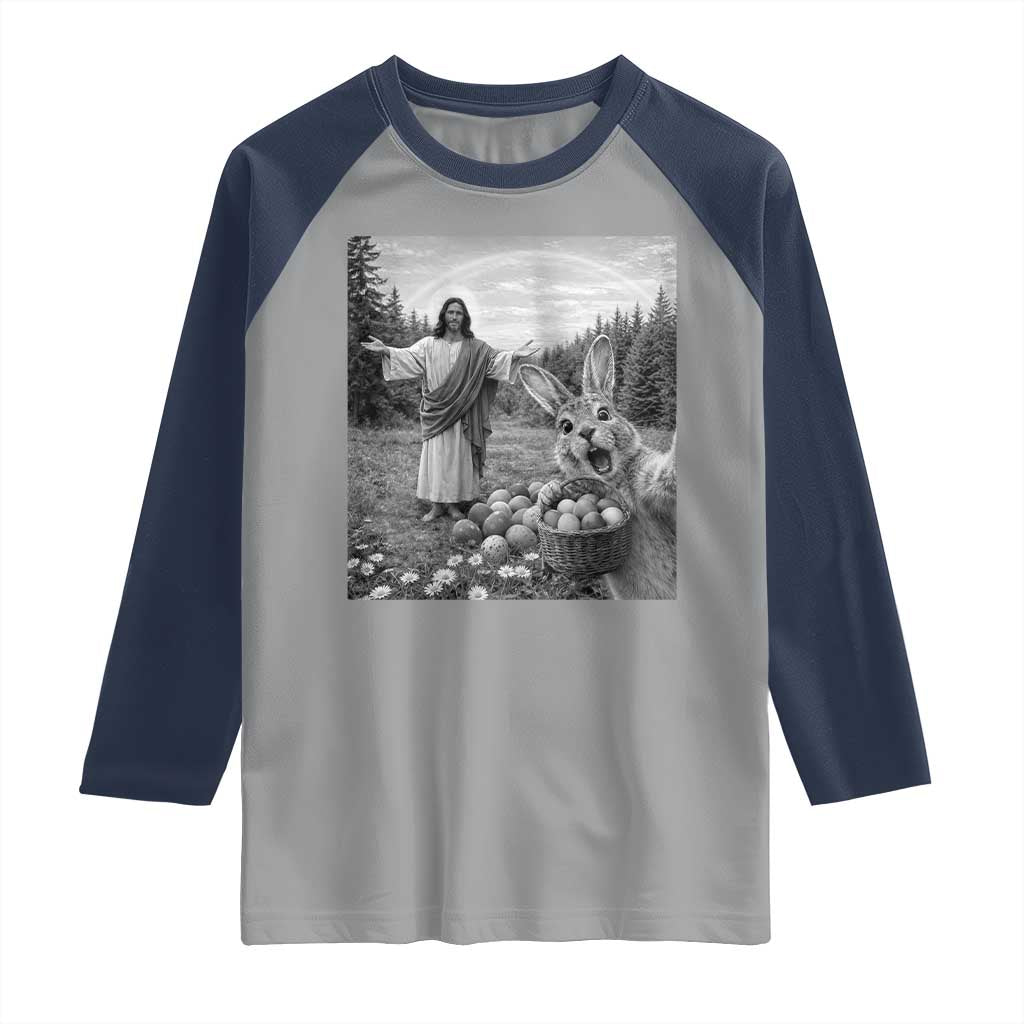 Funny Easter Jesus Raglan Shirt Christian Jesus Bunny Selfie Religious TS14 Sport Gray Navy Print Your Wear