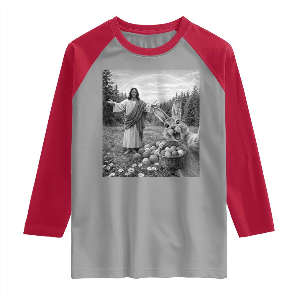 Funny Easter Jesus Raglan Shirt Christian Jesus Bunny Selfie Religious TS14 Sport Gray Red Print Your Wear