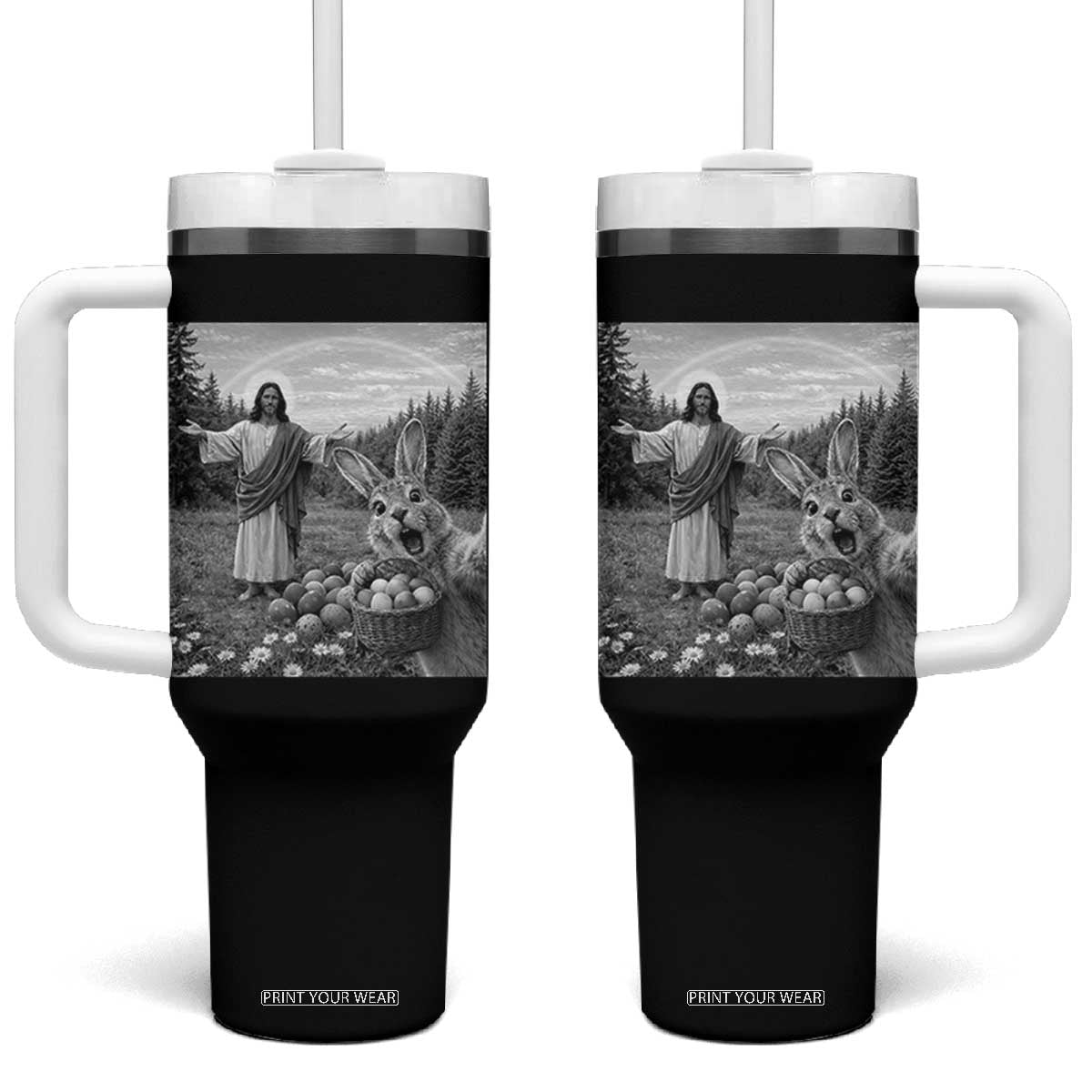 Funny Easter Jesus Tumbler With Handle Christian Jesus Bunny Selfie Religious TS14 One Size: 40 oz Black Print Your Wear