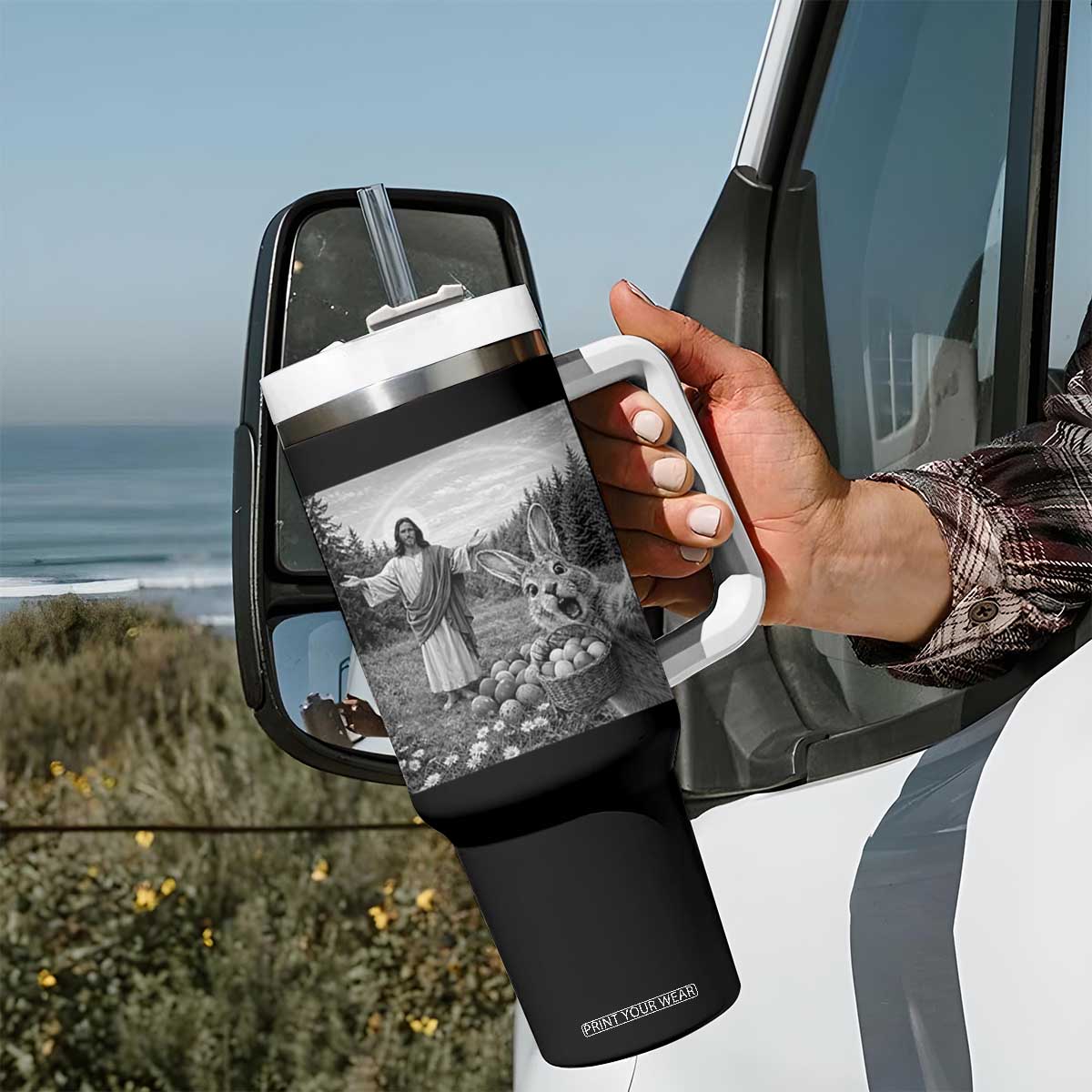 Funny Easter Jesus Tumbler With Handle Christian Jesus Bunny Selfie Religious TS14 Print Your Wear
