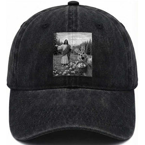 Funny Easter Jesus Washed Cotton Baseball Cap Christian Jesus Bunny Selfie Religious TS14 Washed Cap Universal Fit Black Print Your Wear