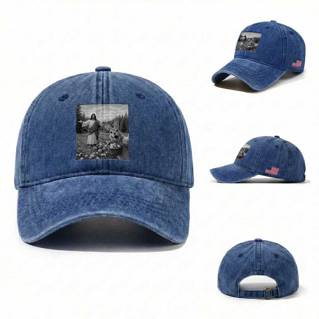 Funny Easter Jesus Washed Cotton Baseball Cap Christian Jesus Bunny Selfie Religious TS14 Washed Cap Universal Fit Royal Blue Print Your Wear
