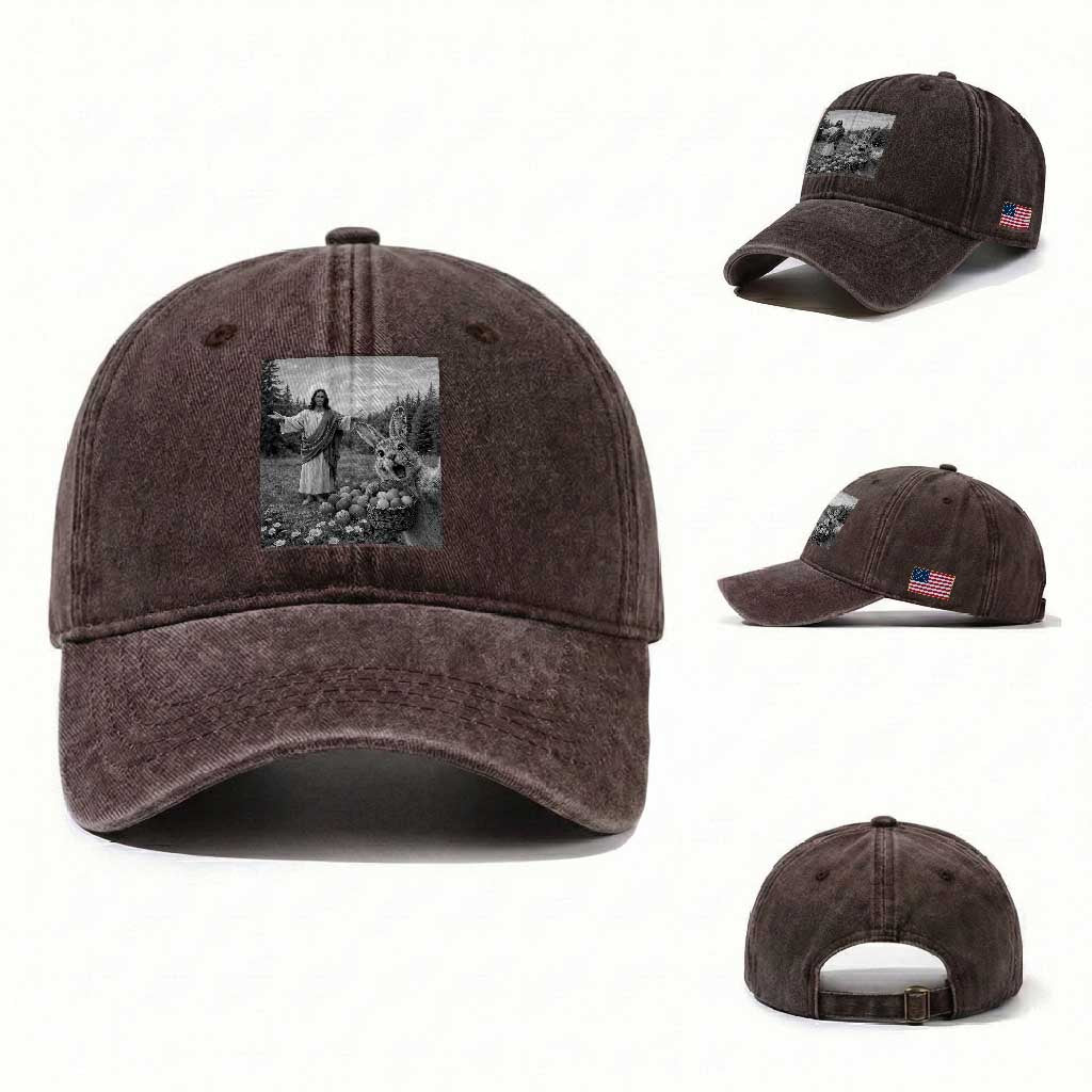 Funny Easter Jesus Washed Cotton Baseball Cap Christian Jesus Bunny Selfie Religious TS14 Washed Cap Universal Fit Dark Brown Print Your Wear
