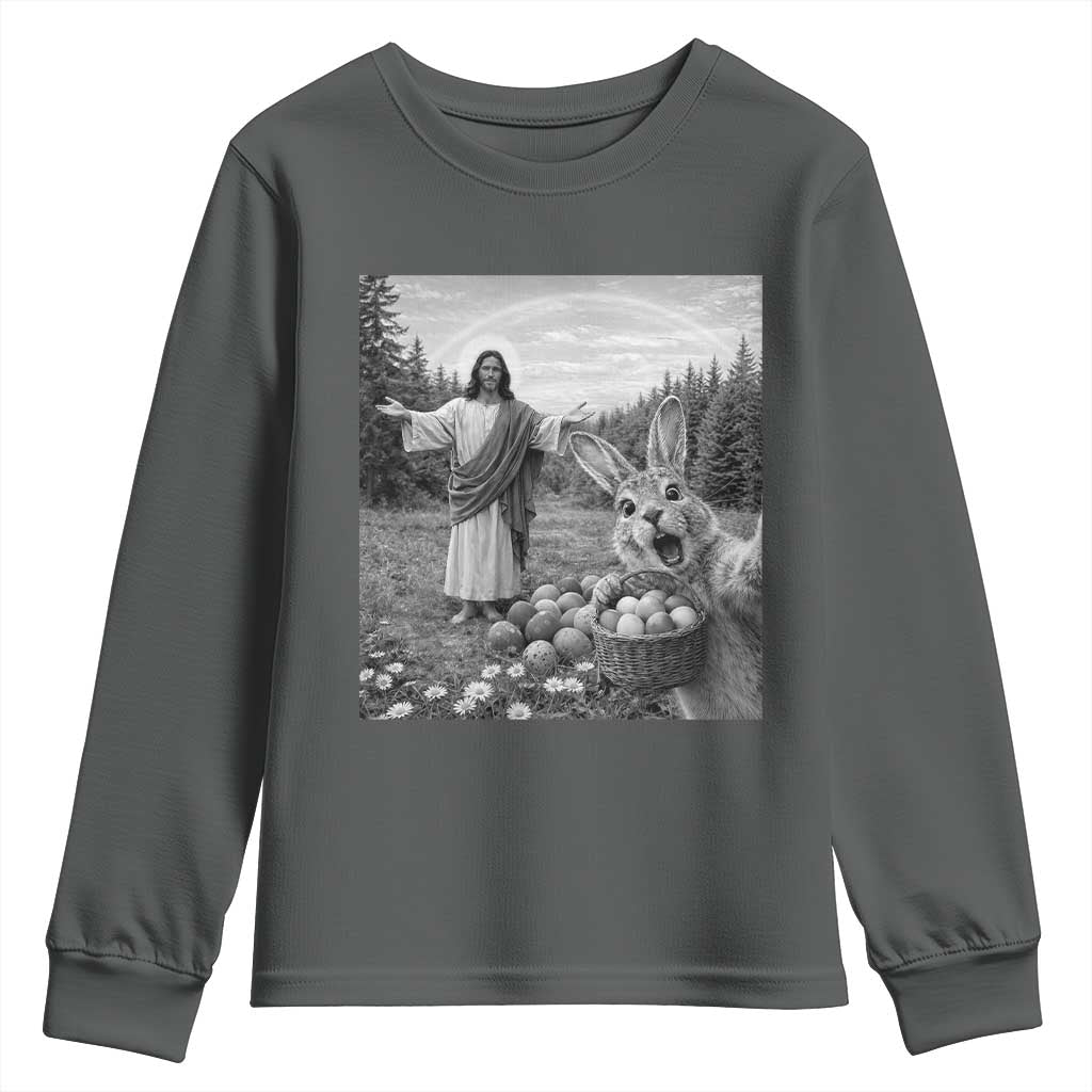 Funny Easter Jesus Youth Sweatshirt Christian Jesus Bunny Selfie Religious TS14 Dark Heather Print Your Wear