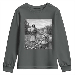 Funny Easter Jesus Youth Sweatshirt Christian Jesus Bunny Selfie Religious TS14 Dark Heather Print Your Wear