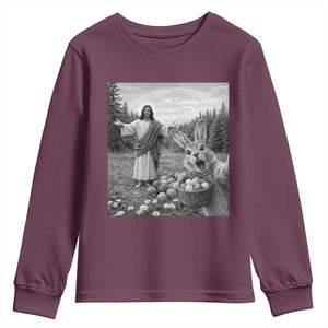 Funny Easter Jesus Youth Sweatshirt Christian Jesus Bunny Selfie Religious TS14 Maroon Print Your Wear