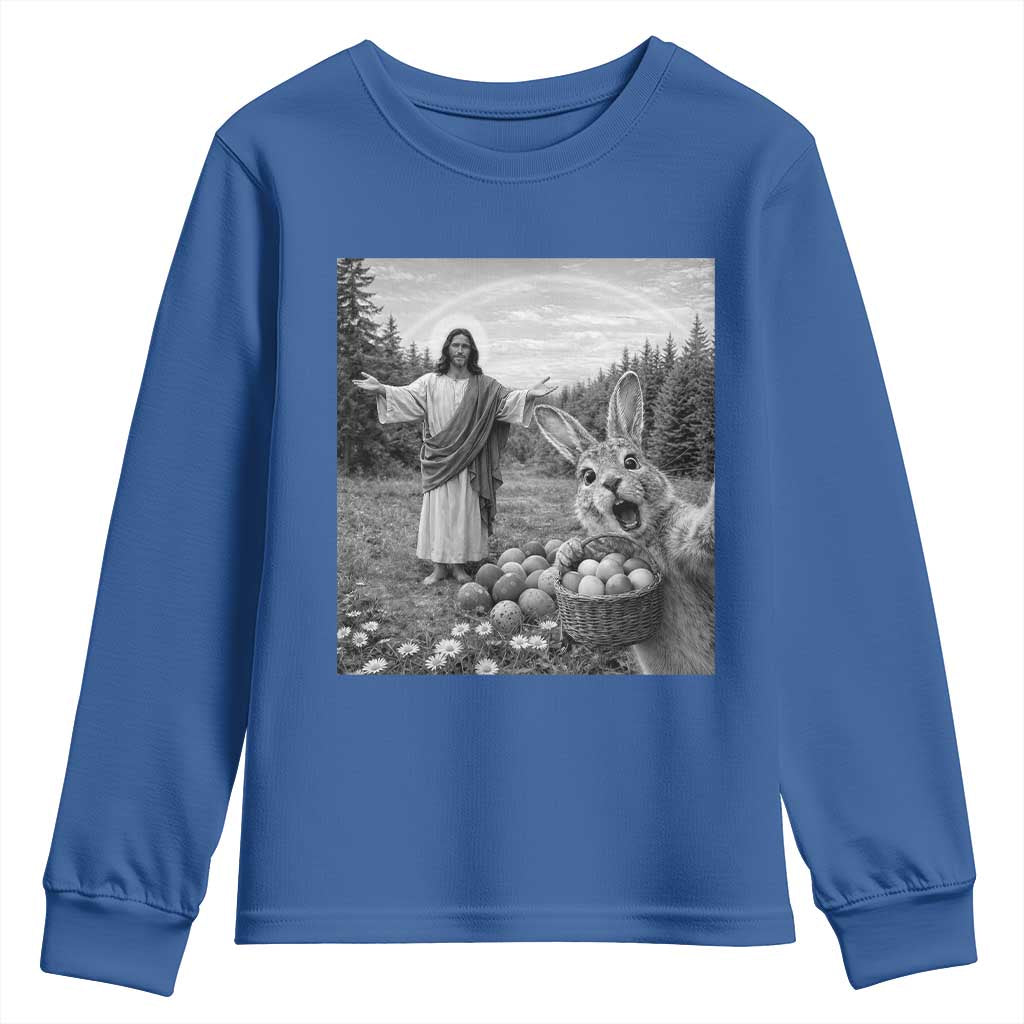 Funny Easter Jesus Youth Sweatshirt Christian Jesus Bunny Selfie Religious TS14 Royal Blue Print Your Wear