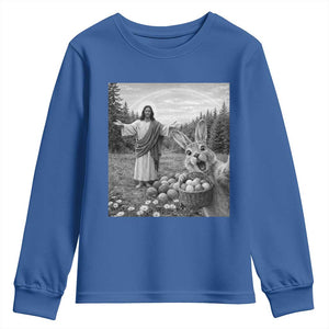 Funny Easter Jesus Youth Sweatshirt Christian Jesus Bunny Selfie Religious TS14 Royal Blue Print Your Wear
