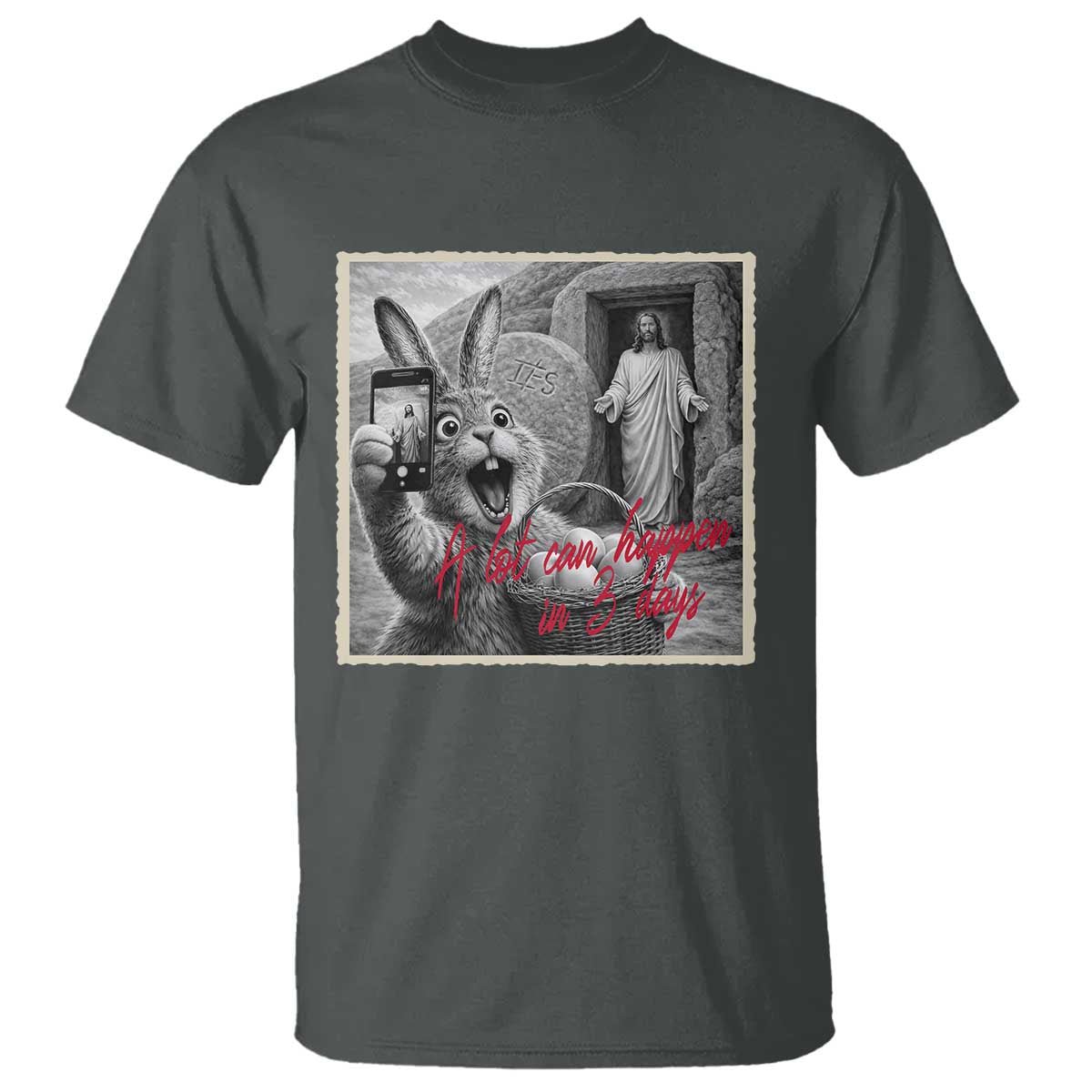 Funny Easter Jesus T Shirt Christian Jesus Come Back Bunny Selfie TS14 Dark Heather Print Your Wear