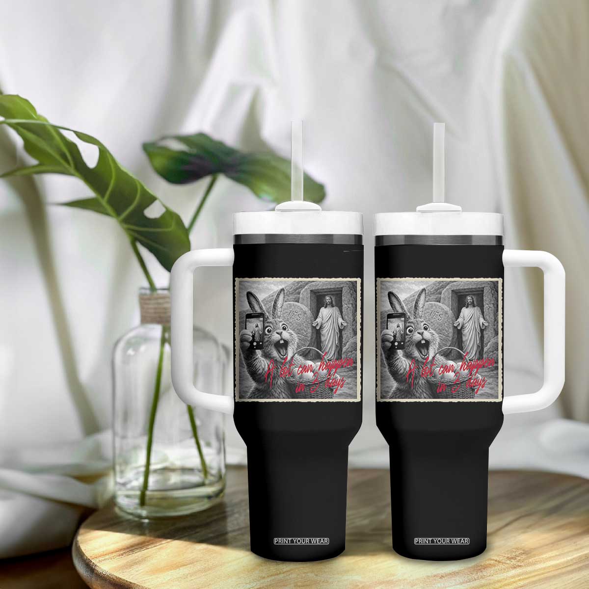 Funny Easter Jesus Tumbler With Handle Christian Jesus Come Back Bunny Selfie TS14 Print Your Wear