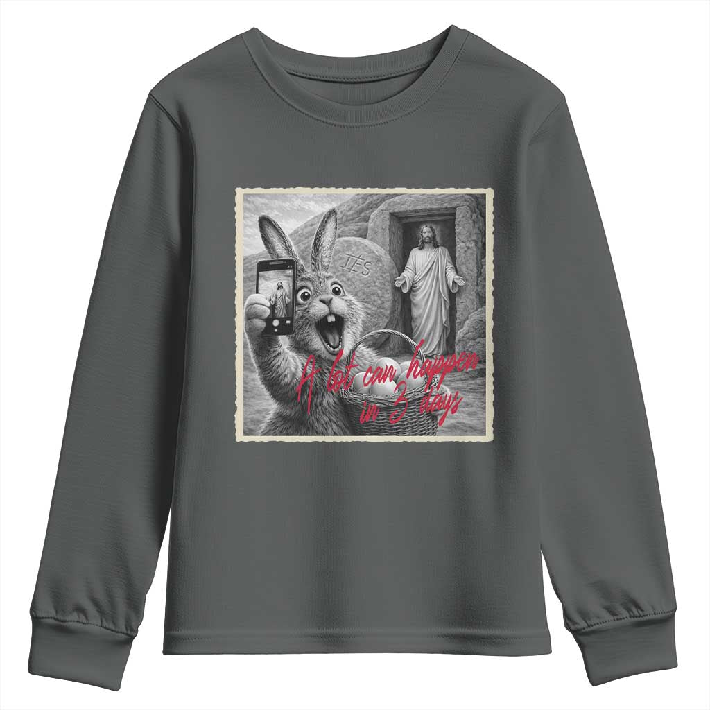 Funny Easter Jesus Youth Sweatshirt Christian Jesus Come Back Bunny Selfie TS14 Dark Heather Print Your Wear