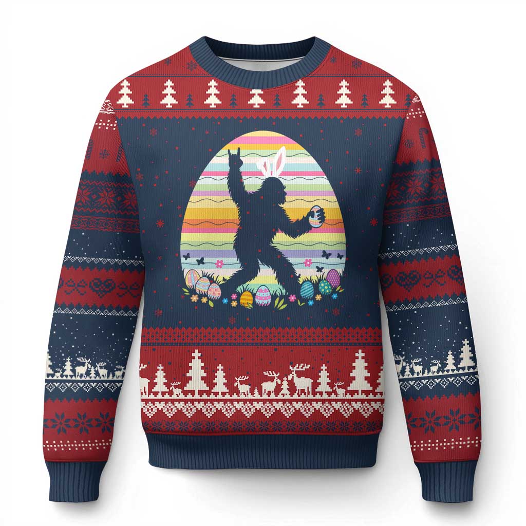 Funny Bigfot Easter Ugly Christmas Sweater Sasquatch Rock On Rabbit TS14 Navy Red Print Your Wear