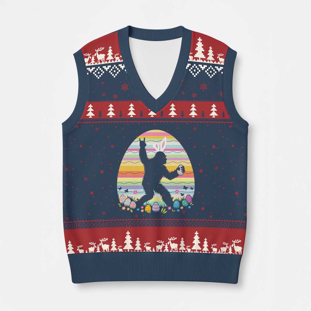 Funny Bigfot Easter V-Neck Knit Sweater Vest Sasquatch Rock On Rabbit TS14 Navy Red Print Your Wear