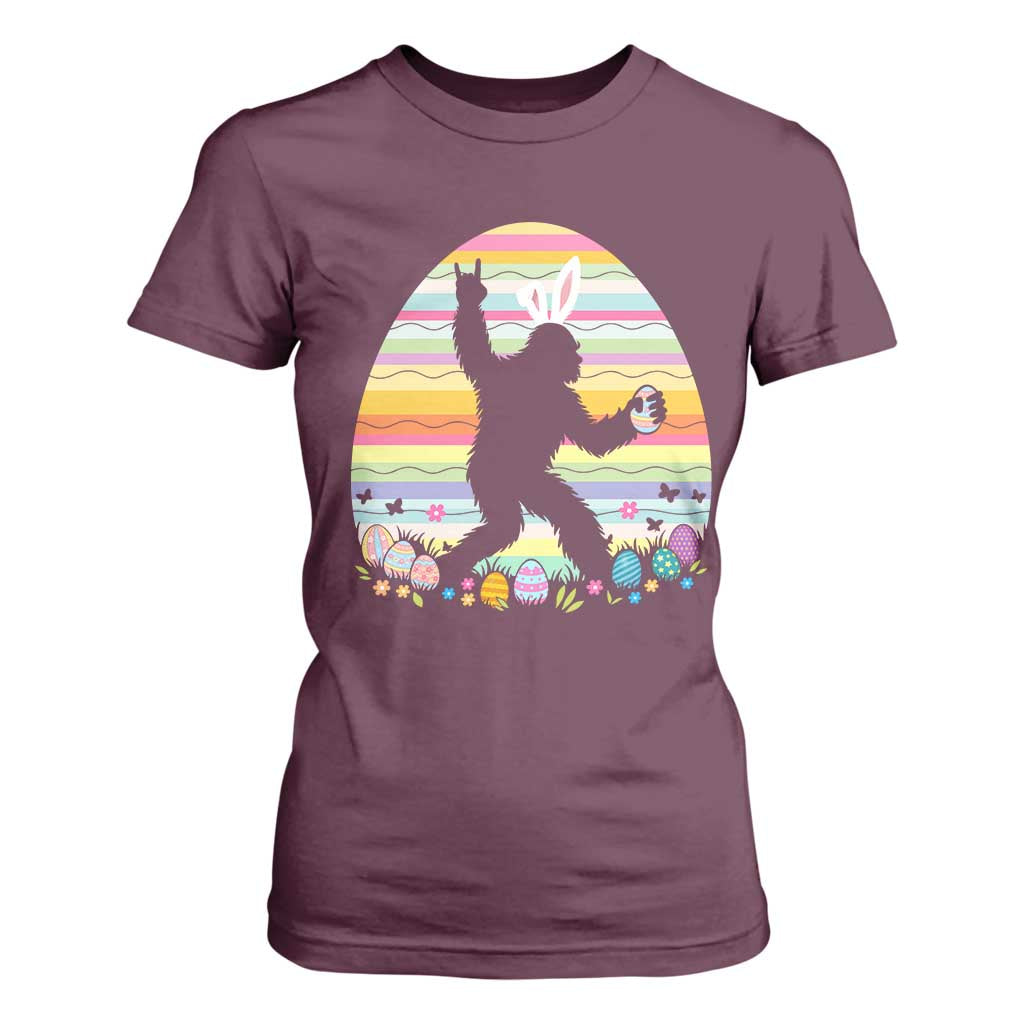 Funny Bigfot Easter T Shirt For Women Sasquatch Rock On Rabbit TS14 Maroon Print Your Wear