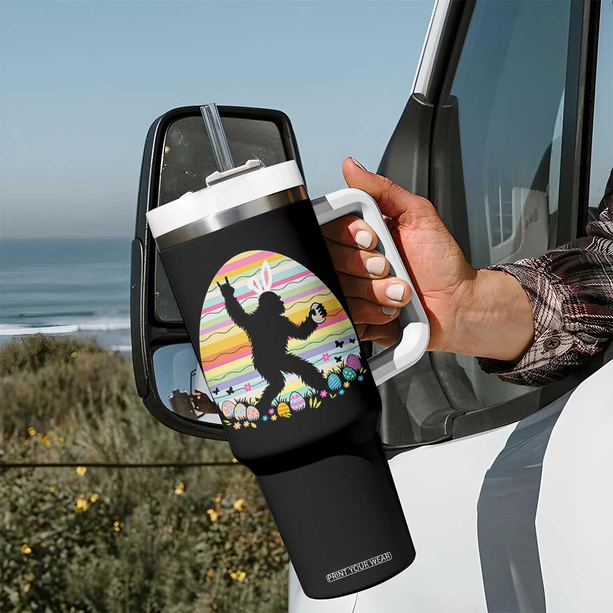 Funny Bigfot Easter Tumbler With Handle Sasquatch Rock On Rabbit TS14 Print Your Wear