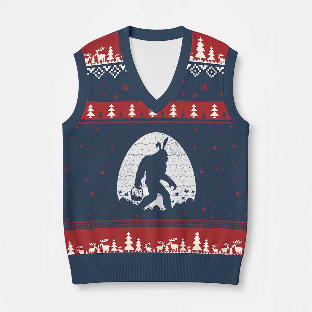 Funny Bigfot Easter V-Neck Knit Sweater Vest Sasquatch Rabbit Night Stroll Moon Egg TS14 Navy Red Print Your Wear