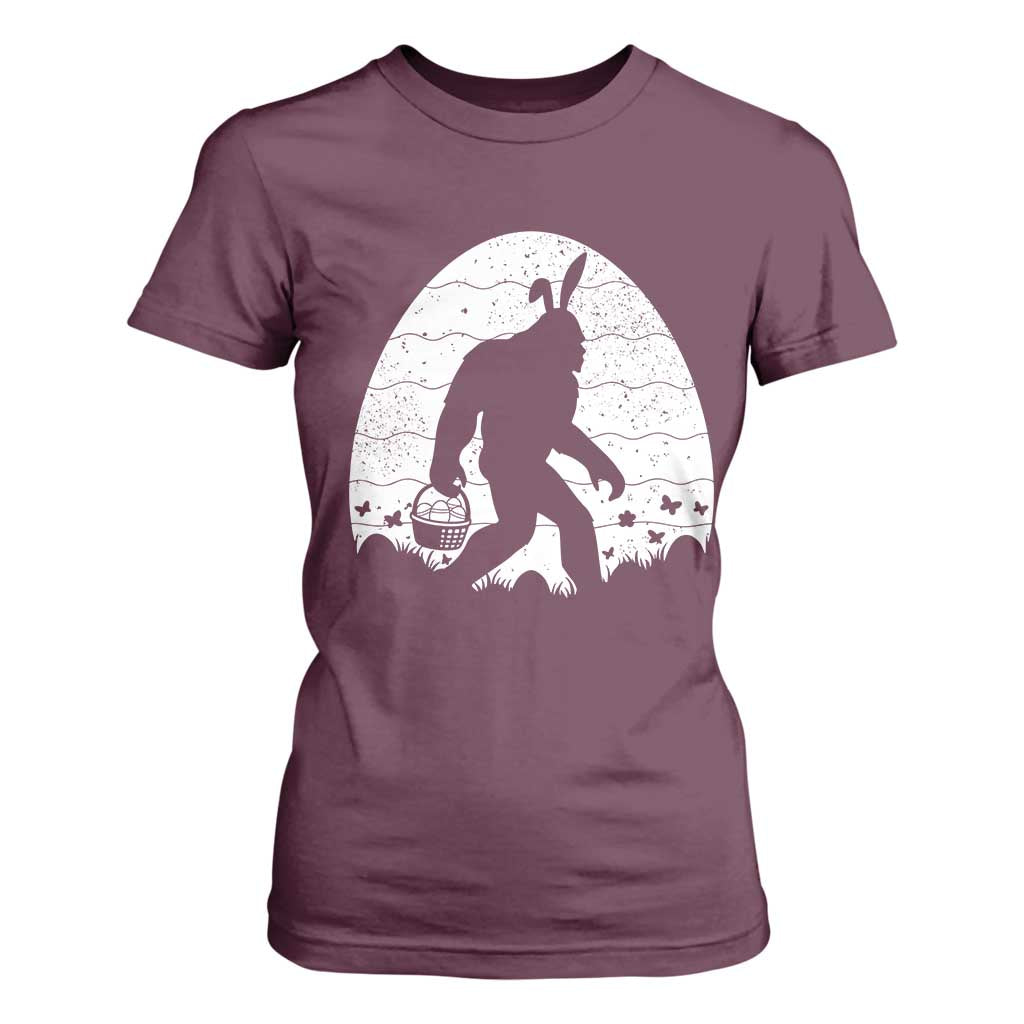 Funny Bigfot Easter T Shirt For Women Sasquatch Rabbit Night Stroll Moon Egg TS14 Maroon Print Your Wear