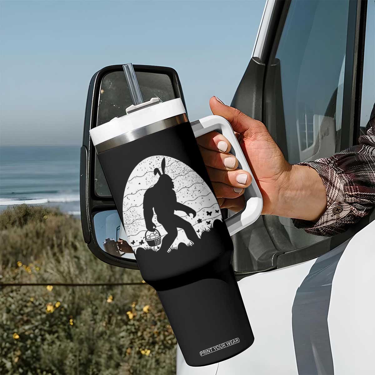 Funny Bigfot Easter Tumbler With Handle Sasquatch Rabbit Night Stroll Moon Egg TS14 Print Your Wear