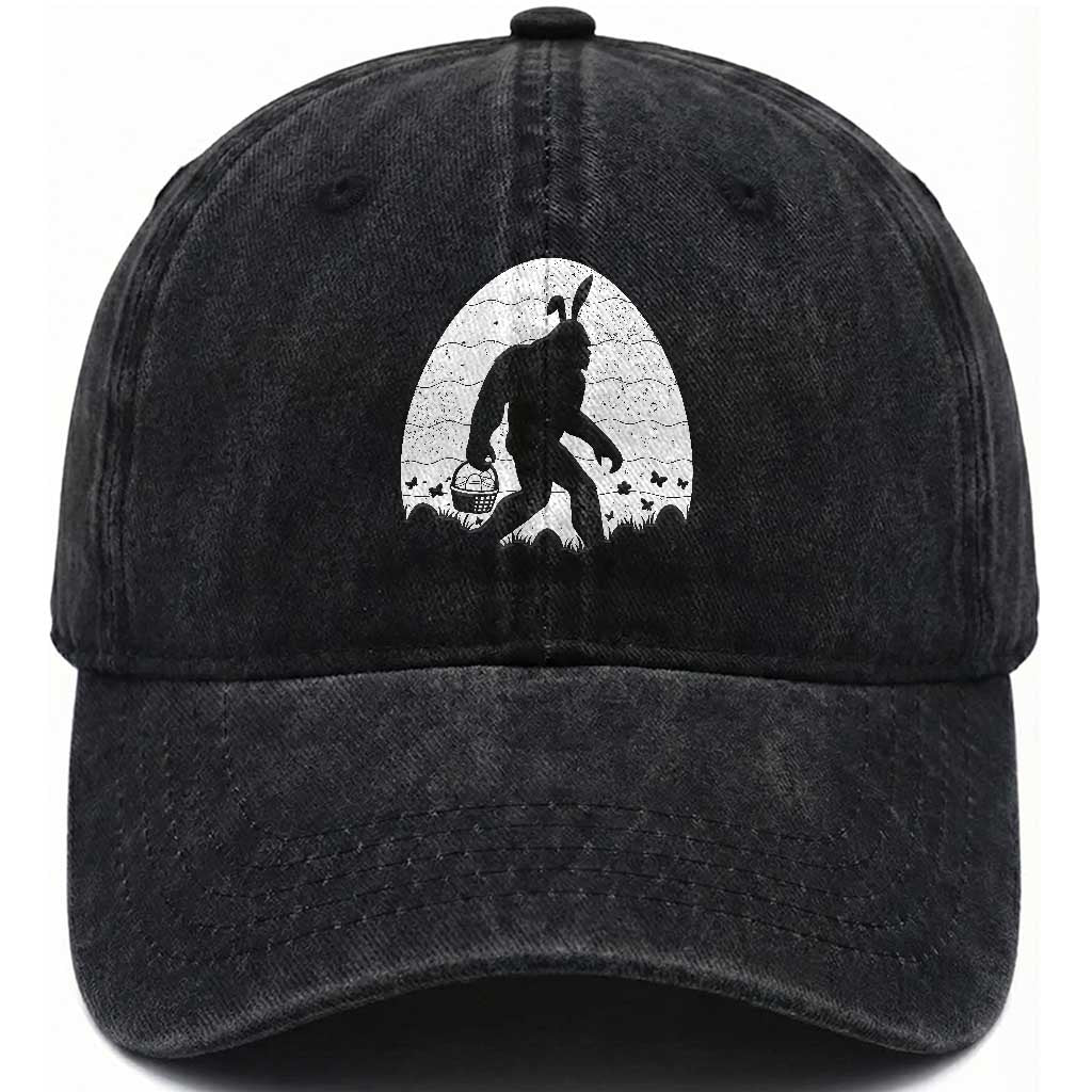 Funny Bigfot Easter Washed Cotton Baseball Cap Sasquatch Rabbit Night Stroll Moon Egg TS14 Washed Cap Universal Fit Black Print Your Wear