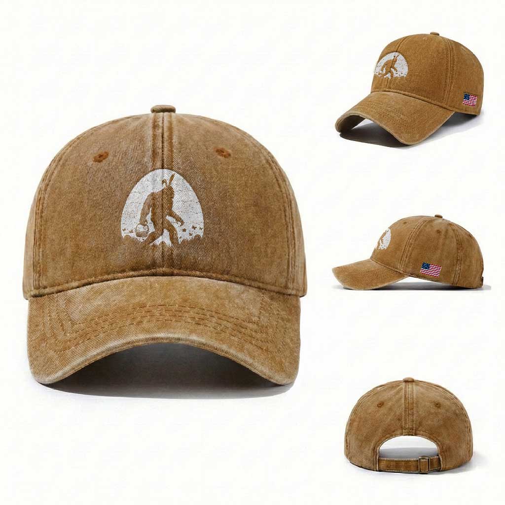 Funny Bigfot Easter Washed Cotton Baseball Cap Sasquatch Rabbit Night Stroll Moon Egg TS14 Washed Cap Universal Fit Yellow Ochre Print Your Wear