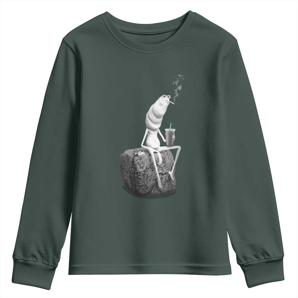 Marcus The Worm Diet Coke Youth Sweatshirt Funny Drinking and Smoking Meme TS14 Dark Forest Green Print Your Wear