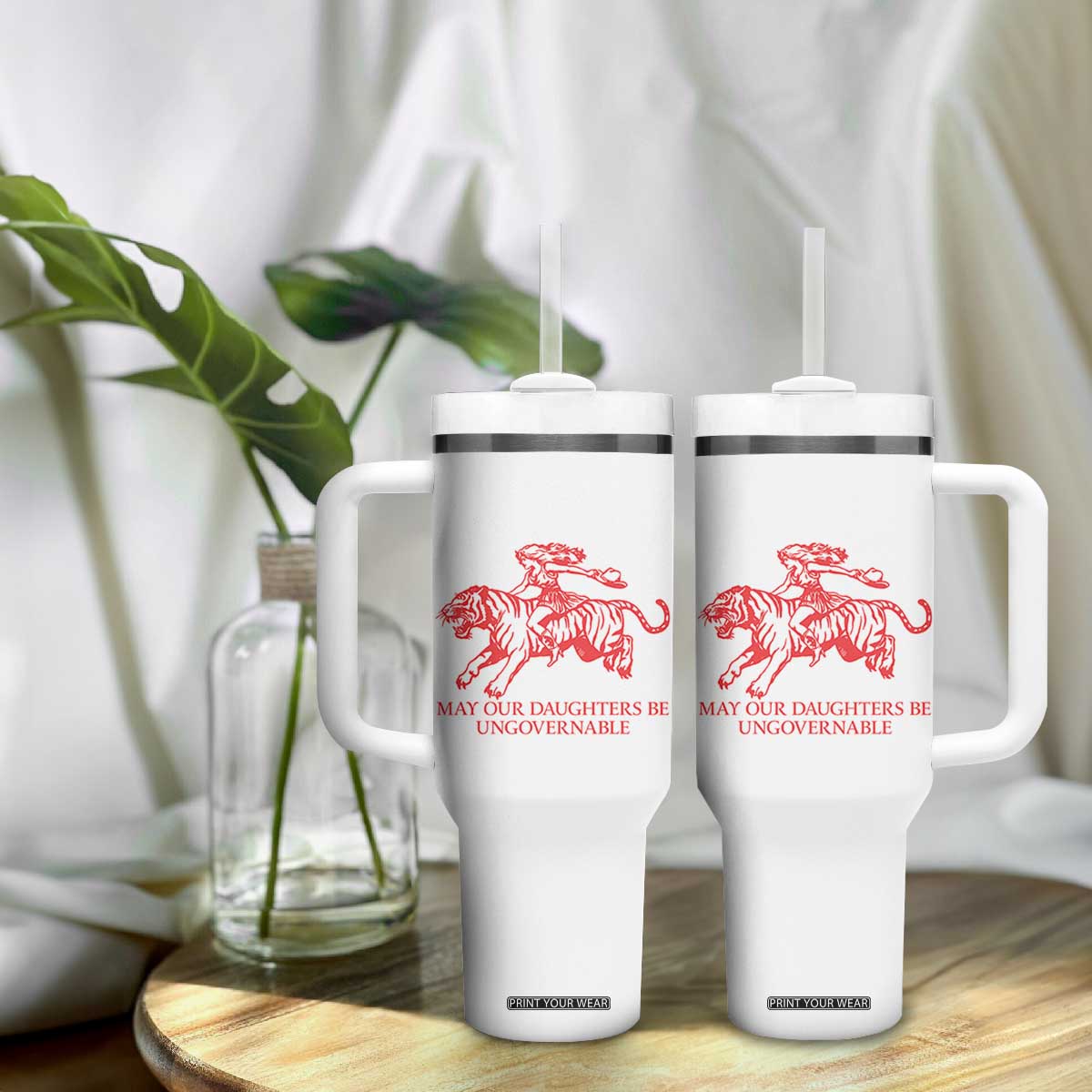 May Our Daughters Be Ungovernable Tumbler With Handle Vintage Cowgirl Hell Cat Women Empowerment TS14 Print Your Wear