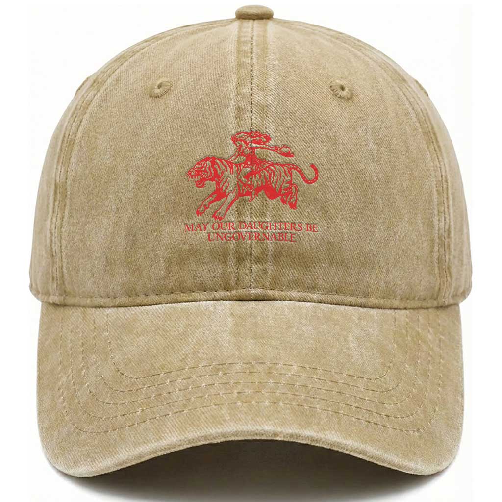 May Our Daughters Be Ungovernable Washed Cotton Baseball Cap Vintage Cowgirl Hell Cat Women Empowerment TS14 Print Your Wear