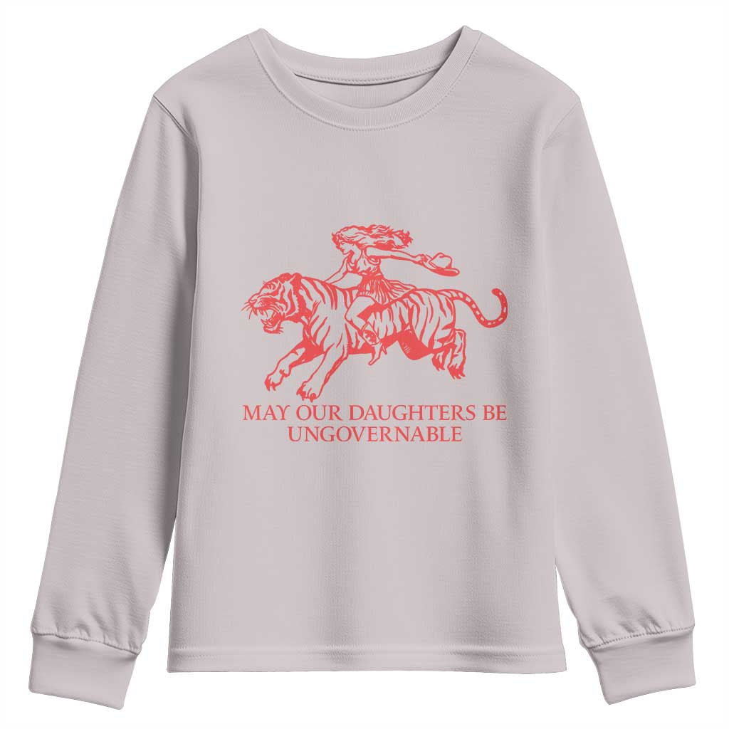 May Our Daughters Be Ungovernable Youth Sweatshirt Vintage Cowgirl Hell Cat Women Empowerment TS14 Ice Gray Print Your Wear