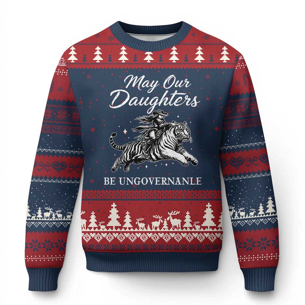 May Our Daughters Be Ungovernable Ugly Christmas Sweater Cowgirl Western Cowgirl Hell Cat Women's Rights TS14 Navy Red Print Your Wear
