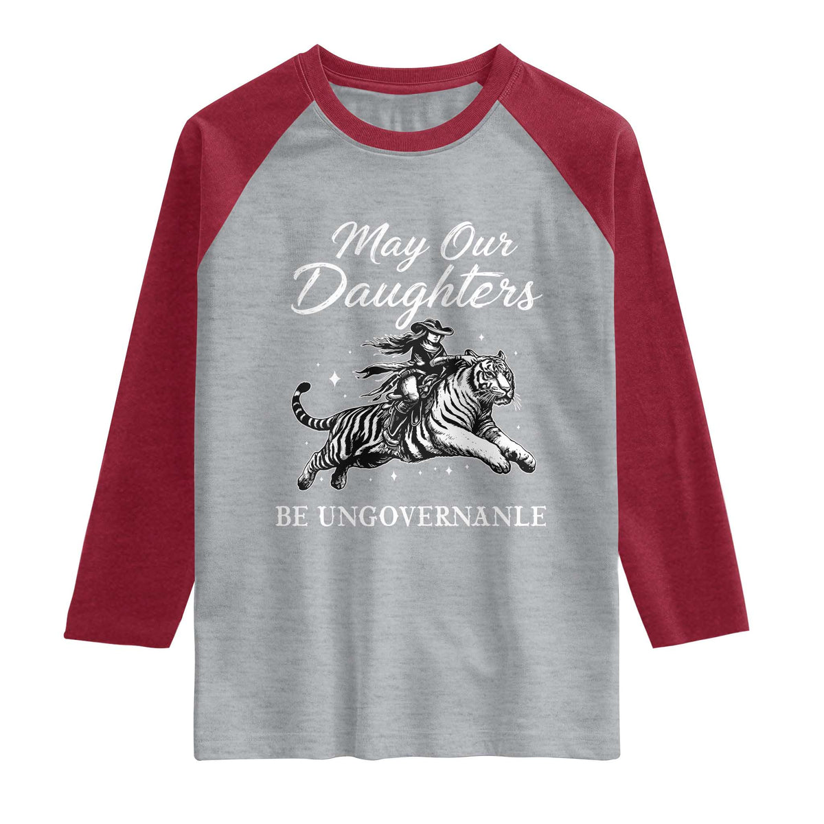 May Our Daughters Be Ungovernable Raglan Shirt Cowgirl Western Cowgirl Hell Cat Women's Rights TS14 Heather Gray Heather Red Print Your Wear