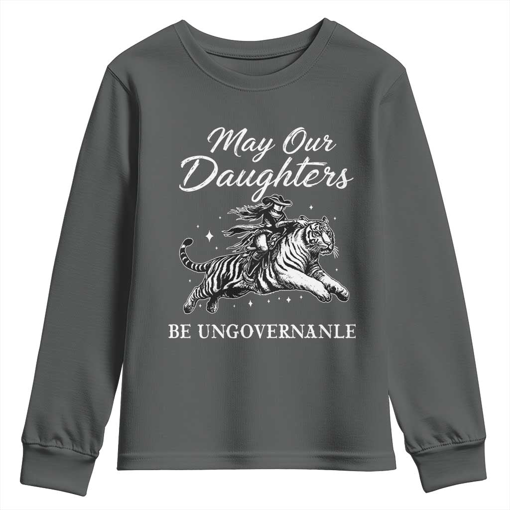 May Our Daughters Be Ungovernable Youth Sweatshirt Cowgirl Western Cowgirl Hell Cat Women's Rights TS14 Dark Heather Print Your Wear