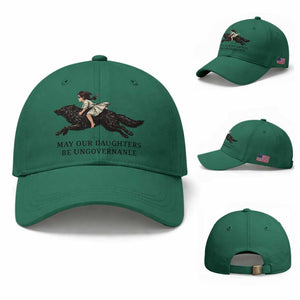 May Our Daughters Be Ungovernable Baseball Cap Girl Riding Wolf Activist Feminist Protest TS14 Baseball Cap Universal Fit Irish Green Print Your Wear