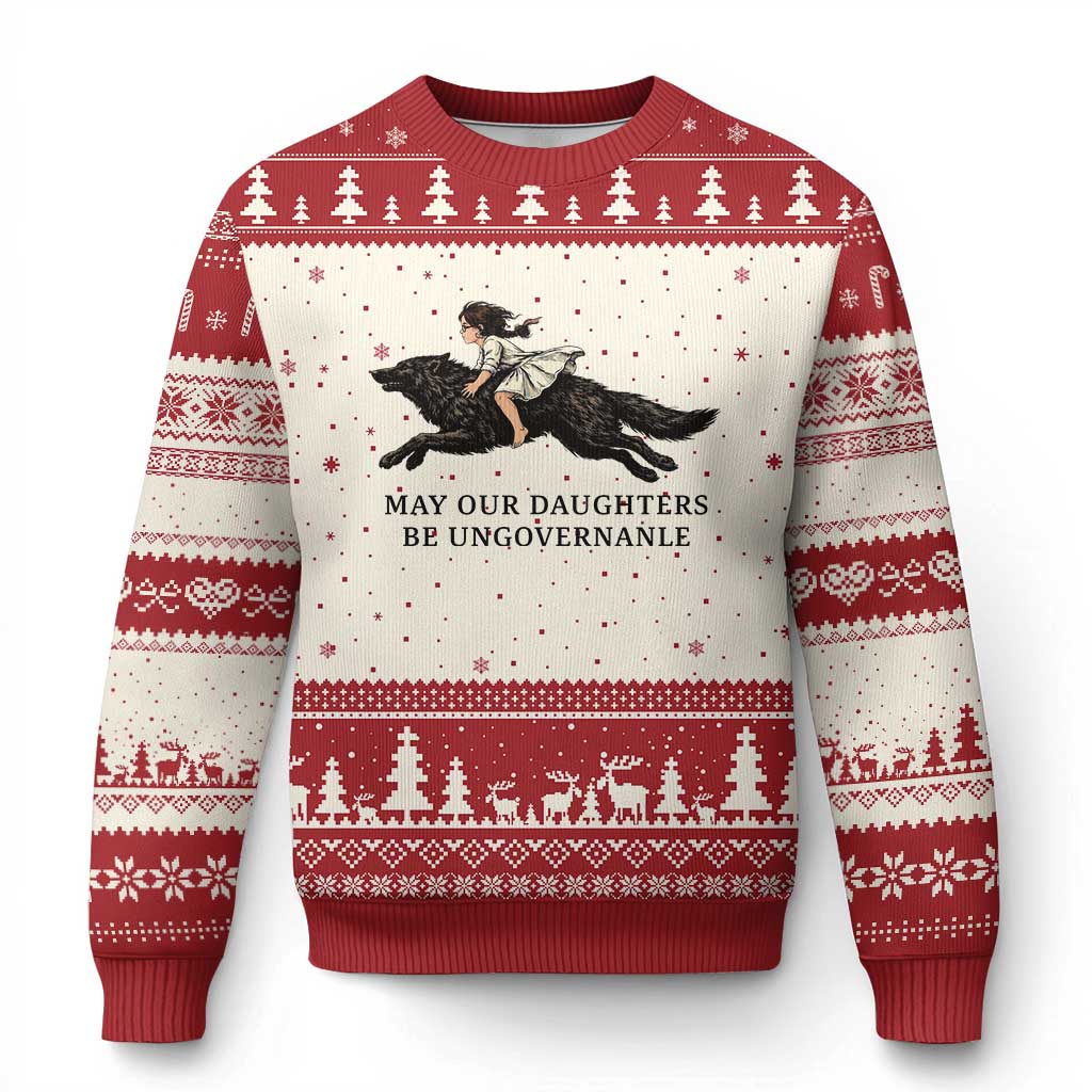 May Our Daughters Be Ungovernable Ugly Christmas Sweater Girl Riding Wolf Activist Feminist Protest TS14 Beige Red Print Your Wear
