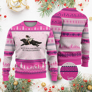 May Our Daughters Be Ungovernable Ugly Christmas Sweater Girl Riding Wolf Activist Feminist Protest TS14 Hot Pink Print Your Wear