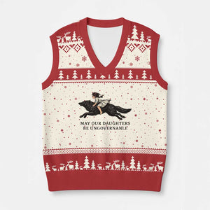 May Our Daughters Be Ungovernable V-Neck Knit Sweater Vest Girl Riding Wolf Activist Feminist Protest TS14 Beige Red Print Your Wear