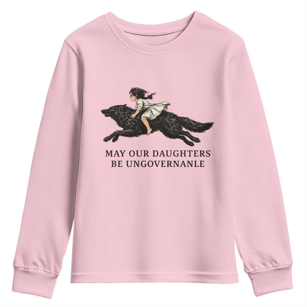 May Our Daughters Be Ungovernable Youth Sweatshirt Girl Riding Wolf Activist Feminist Protest TS14 Light Pink Print Your Wear