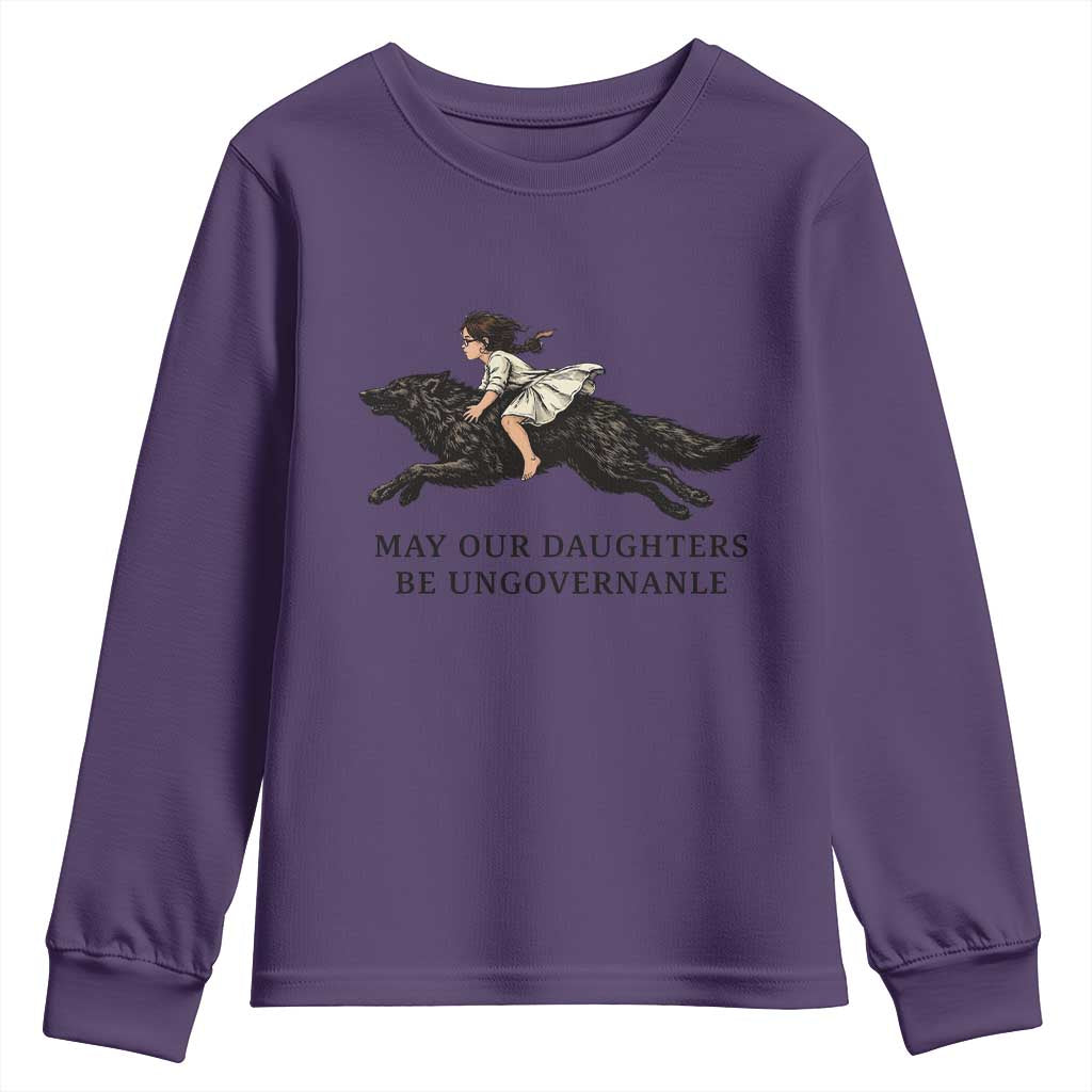 May Our Daughters Be Ungovernable Youth Sweatshirt Girl Riding Wolf Activist Feminist Protest TS14 Purple Print Your Wear