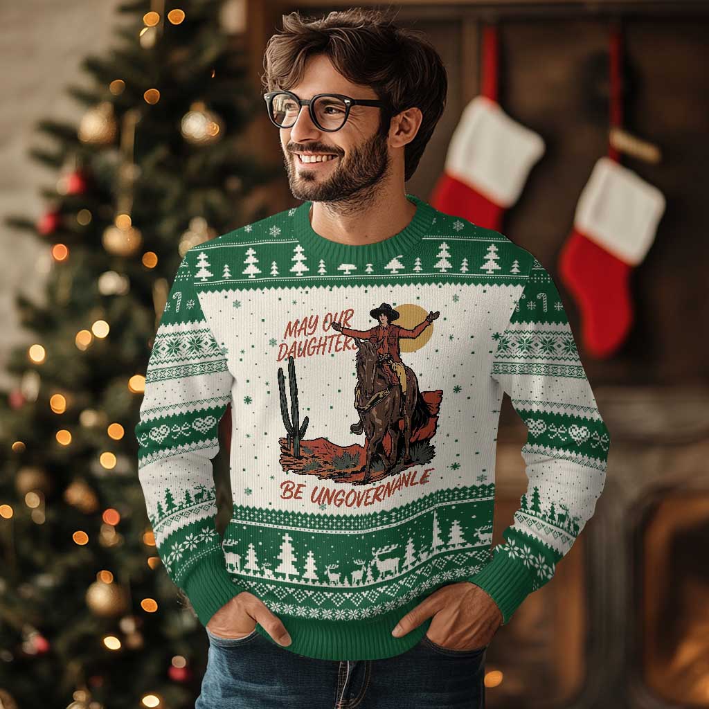May Our Daughters Be Ungovernable Ugly Christmas Sweater Retro Cowgirl Western Feminist Protest TS14 Beige Green Print Your Wear
